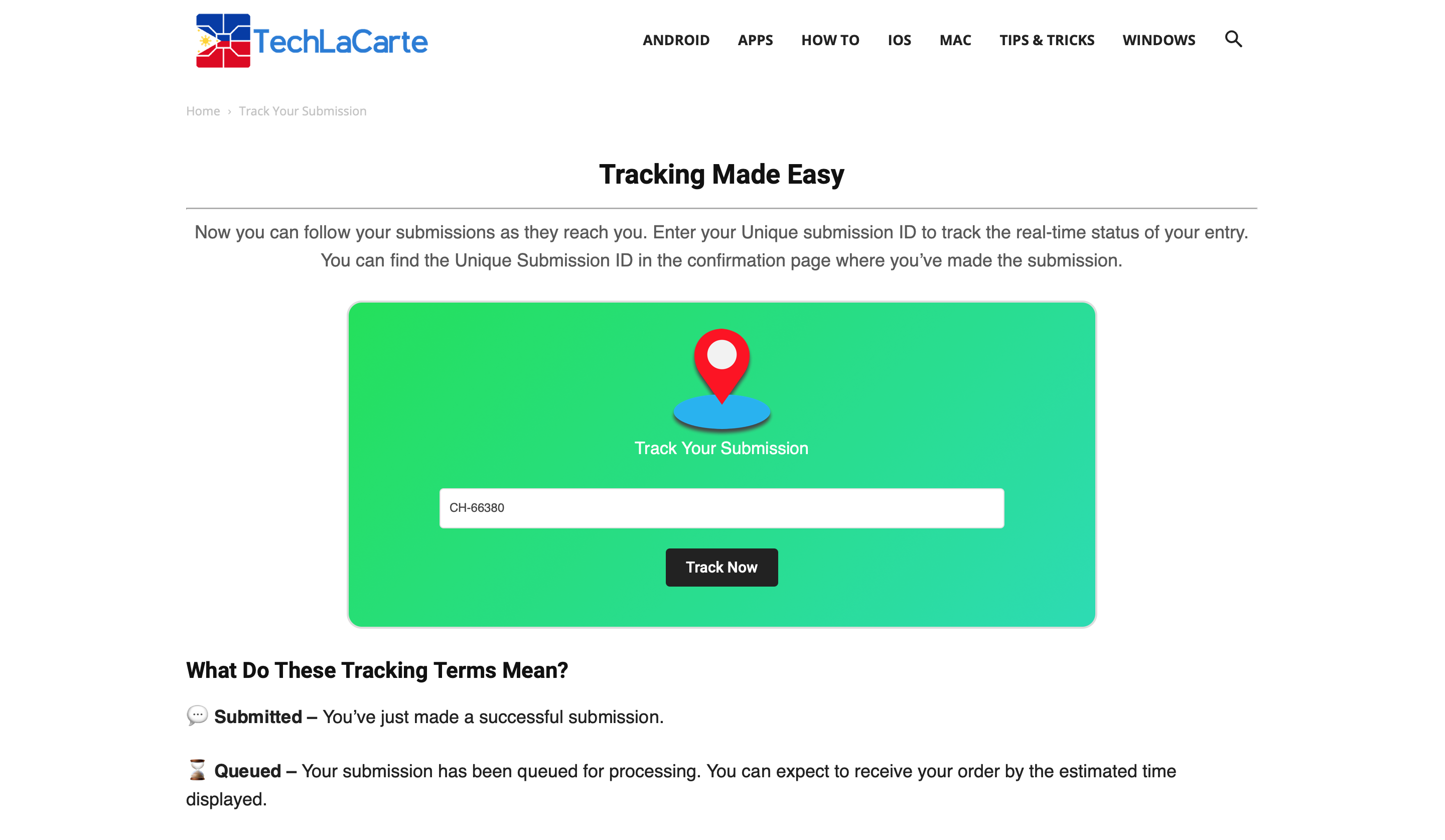 tracking page screen